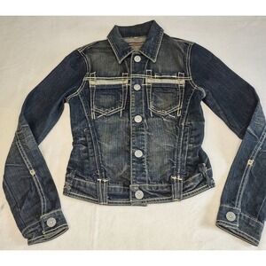 Yanuk Denim Jean Jacket Size P Dark Distressed Denim Stellar Stitch Western